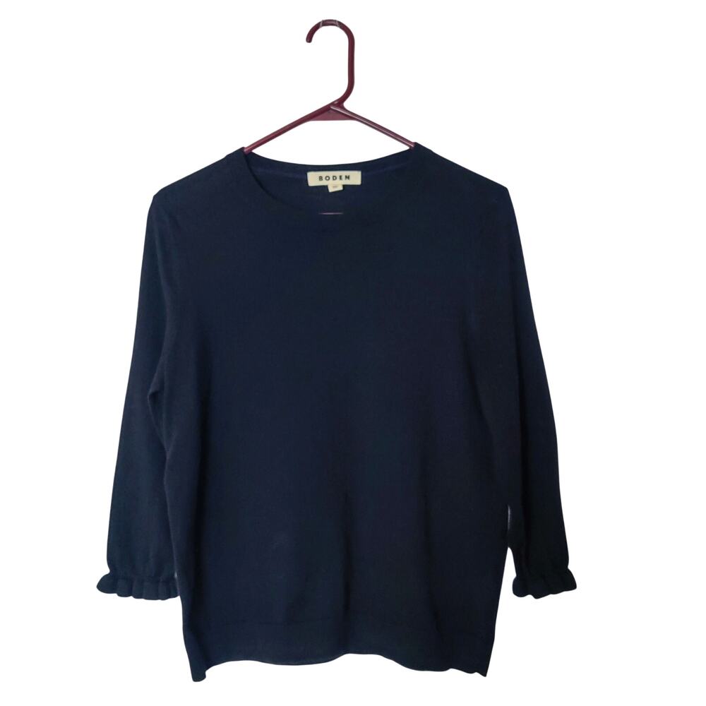 Boden Wool Cotton Black Ruffle Crewneck Capsule Sweater Medium Preppy Minimalist